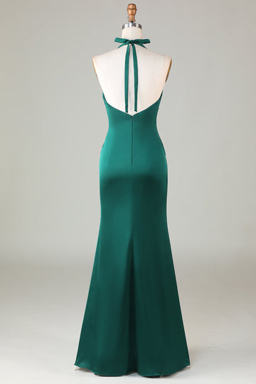 Mermaid Halter Vestido de dama de honor verde oscuro